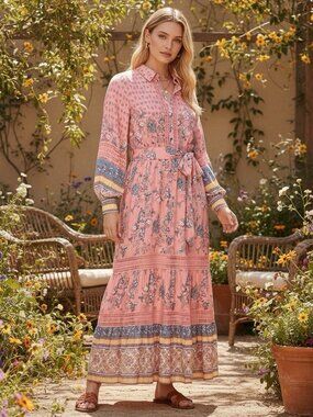 City Chic Sz 12 Boho Tiered Pink Floral Long Balloon Sleeve Maxi Dress XXS